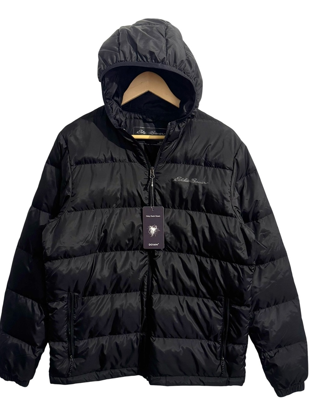 Eddie Bauer Men’s Hooded Down Puffer Jacket 650 Fill Full Zip Black M NEW!